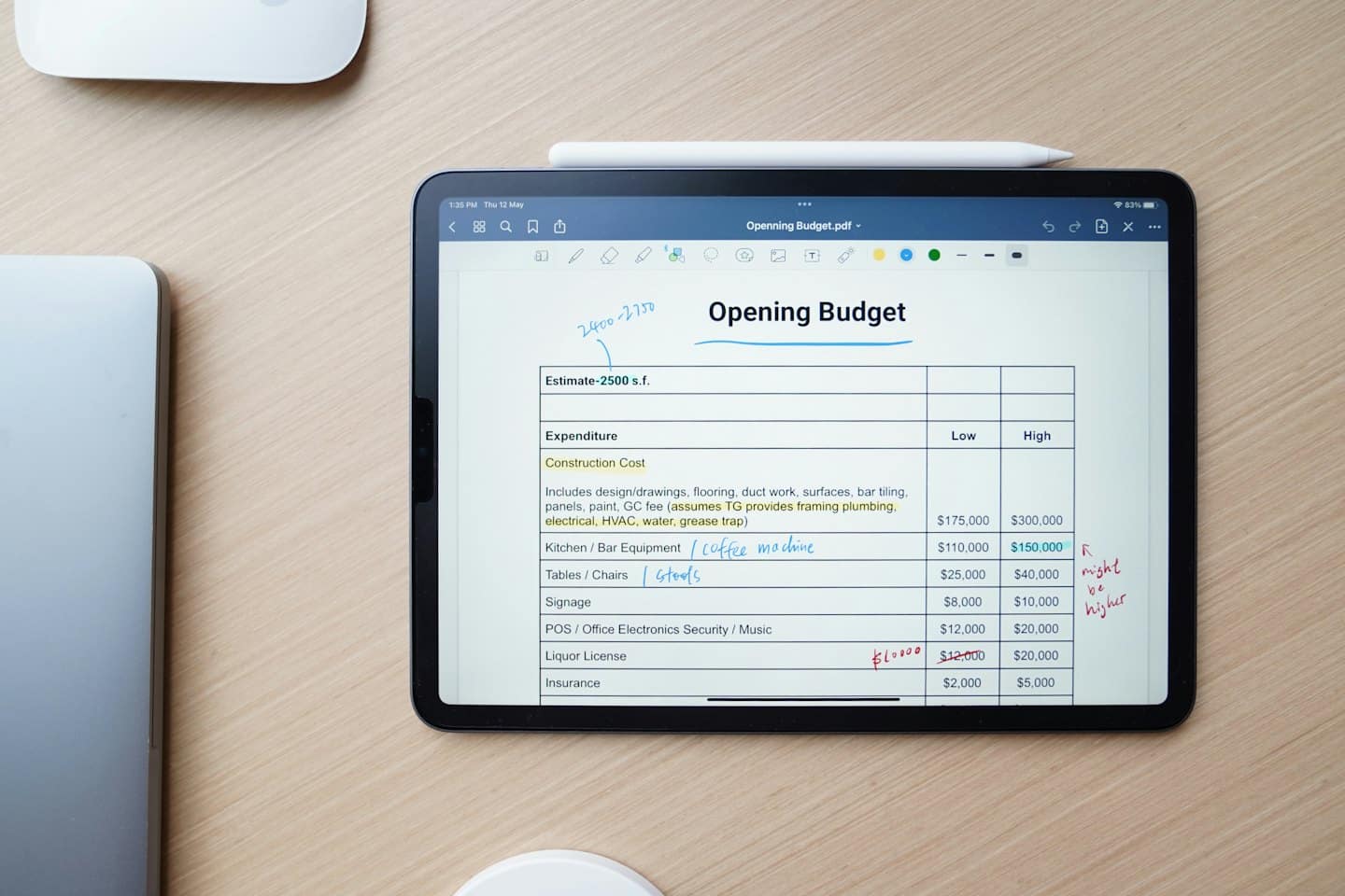 Surfplatta som visar budget på ett träskrivbord.
